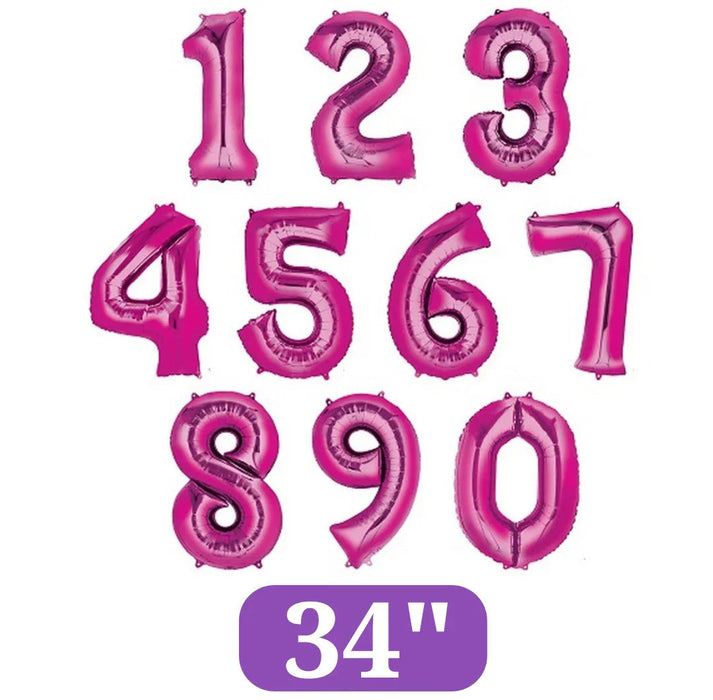 Magenta foil number balloons displaying digits 1 through 9 and 0 in a 3x3 grid, each 34 inches tall with a purple label at the bottom.