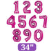 Magenta foil number balloons displaying digits 1 through 9 and 0 in a 3x3 grid, each 34 inches tall with a purple label at the bottom.