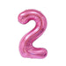 Pink foil number two balloon with a glossy metallic finish and curved shape against a white background.