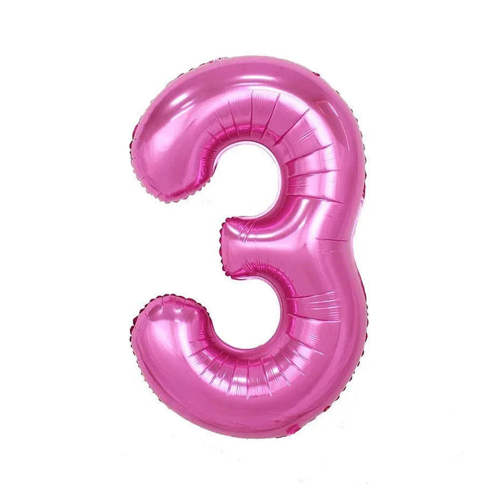 Bright pink foil number 3 balloon, 34 inches, with a shiny metallic finish and rounded edges displayed against a white background.