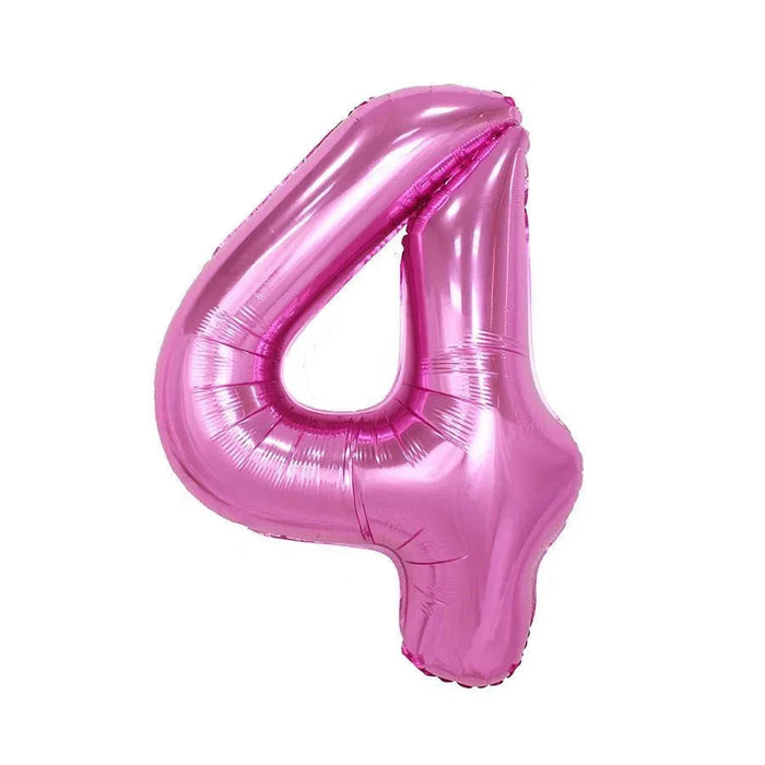 Bright pink foil balloon shaped like the number 4, inflated and displayed against a white background.