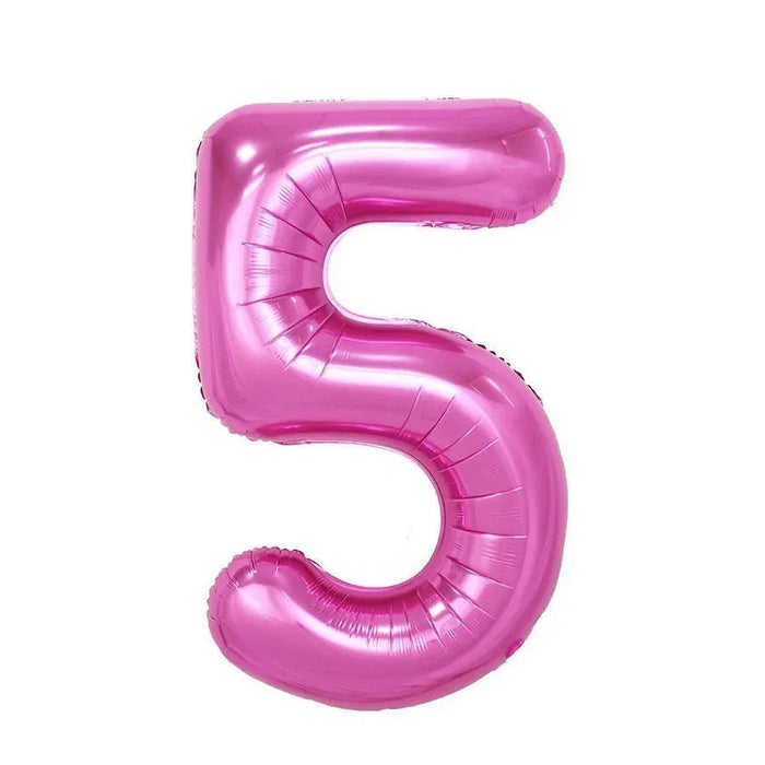 Bright pink foil balloon shaped like the number 5, approximately 34 inches tall, with a shiny metallic finish and rounded edges.