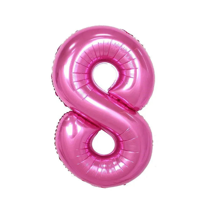 Shiny pink foil balloon shaped like the number 8, inflated and displayed against a white background.