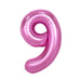 Shiny pink foil balloon shaped like the number 9 with a reflective metallic finish against a white background.