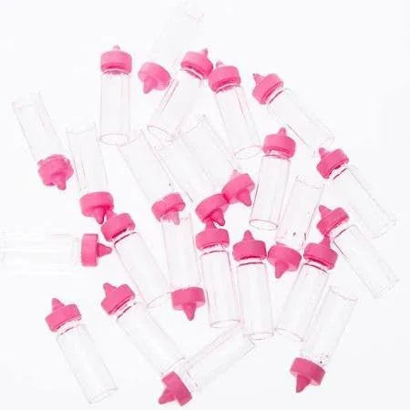 Twenty-four small clear plastic baby bottles with bright pink caps and nipples arranged on a white background.