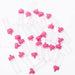 Twenty-four small clear plastic baby bottles with bright pink caps and nipples arranged on a white background.