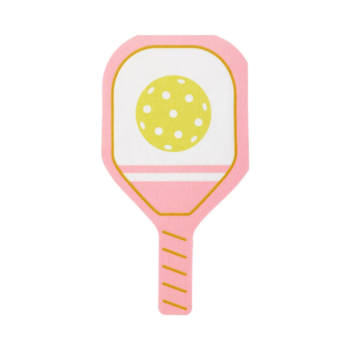 Pink pickleball paddle-shaped paper napkins with yellow polka-dotted ball design and gold trim, pack of 18.