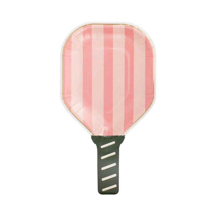 Pink and white striped paddle-shaped paper plate with a dark green handle featuring horizontal white lines.