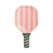 Pink and white striped paddle-shaped paper plate with a dark green handle featuring horizontal white lines.