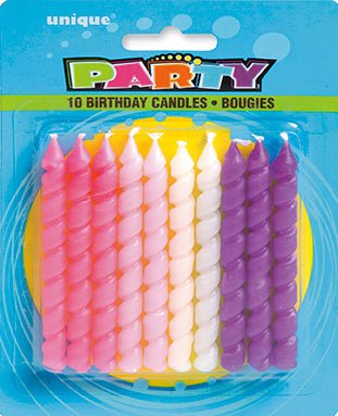 Pack of 10 spiral birthday candles in pink, yellow, white, and purple arranged in vertical columns on blue packaging with yellow stripe.