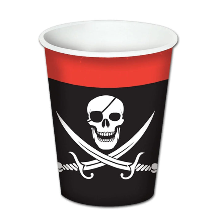 Red and black paper cup with white skull and crossbones pirate flag design on the front.