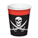 Red and black paper cup with white skull and crossbones pirate flag design on the front.