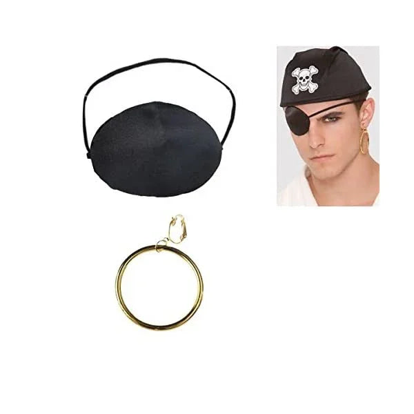 Black pirate eye patch with white handle and gold hoop earring displayed with reference photo showing how to wear the costume accessories.