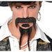 Black braided pirate costume facial hair set including mustache, goatee, and chin beard pieces with beads and string attachments.