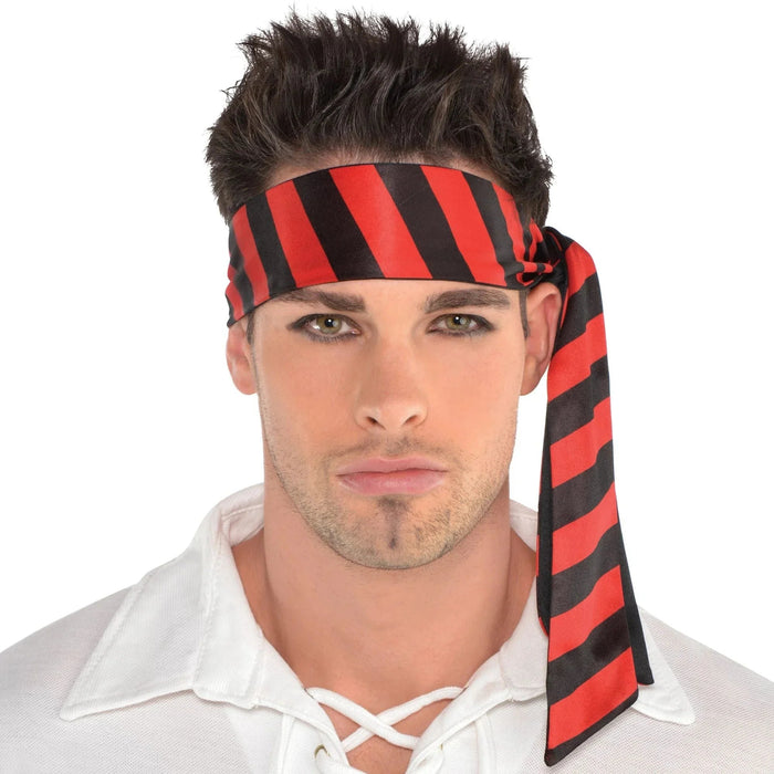 Red and black striped headscarf with a long tail, worn as a pirate-style headband accessory.