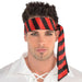 Red and black striped headscarf with a long tail, worn as a pirate-style headband accessory.