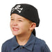 Black pirate bandana with white skull and crossbones emblem, displayed on a smiling child wearing a blue collared shirt.