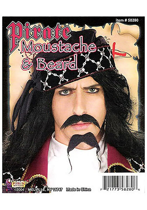 Pirate costume accessory package featuring a black curled mustache and matching black beard with decorative chain headpiece, displayed on a mannequin head with long black hair and burgundy pirate coat.