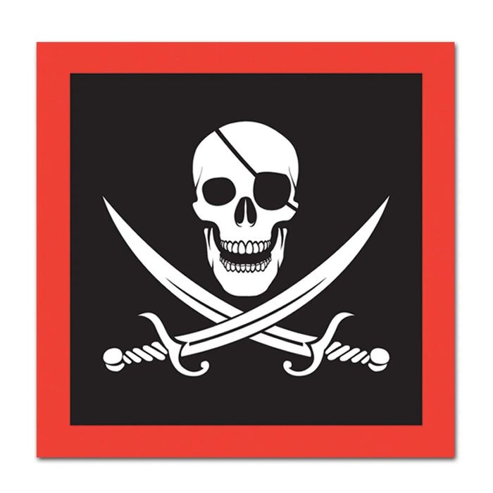 Red paper napkins featuring a black square with a white skull wearing an eye patch and two crossed curved swords below it.