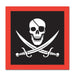 Red paper napkins featuring a black square with a white skull wearing an eye patch and two crossed curved swords below it.