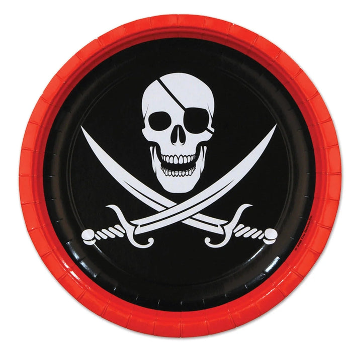 Red paper plate with black center featuring a white skull wearing an eye patch and two crossed curved swords below it.