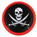 Red paper plate with black center featuring a white skull wearing an eye patch and two crossed curved swords below it.