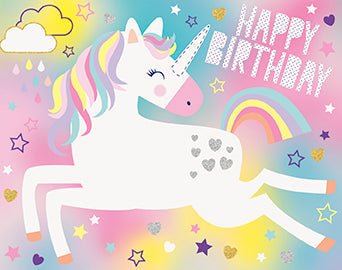Colorful pastel birthday decoration featuring a white unicorn with rainbow mane against a gradient background with stars, hearts, clouds, and "Happy Birthday" text.