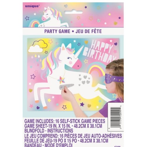 Unicorn-themed party game packaging featuring a colorful unicorn with rainbow mane, "Happy Birthday" text, and a blindfold game with 16 self-stick game pieces on a pastel gradient background.