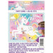 Unicorn-themed party game packaging featuring a colorful unicorn with rainbow mane, "Happy Birthday" text, and a blindfold game with 16 self-stick game pieces on a pastel gradient background.