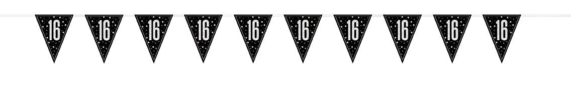 Black triangular pennant flags with white "16" numerals and white stars arranged in a horizontal banner string.