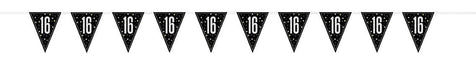 Black triangular pennant flags with white "16" numerals and white stars arranged in a horizontal banner string.