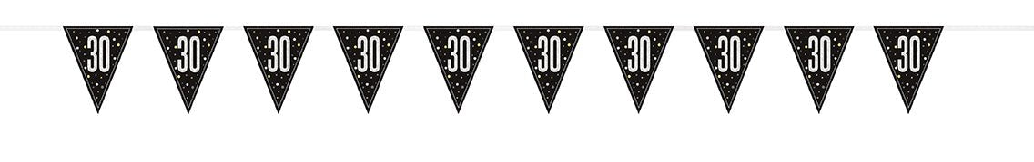 Black triangular pennant flags with white "30" numerals and silver confetti design strung on a line, spanning approximately nine feet.