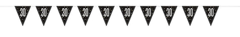 Black triangular pennant flags with white "30" numerals and silver confetti design strung on a line, spanning approximately nine feet.