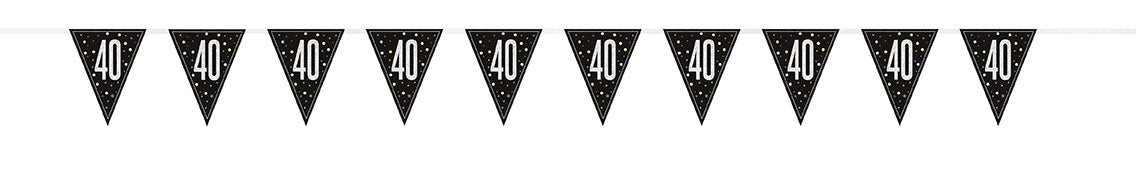 Black prismatic pennant banner with ten triangular flags each printed with white "40" numerals and star designs, totaling nine feet in length.