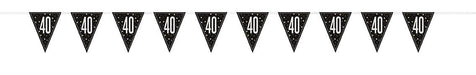 Black prismatic pennant banner with ten triangular flags each printed with white "40" numerals and star designs, totaling nine feet in length.