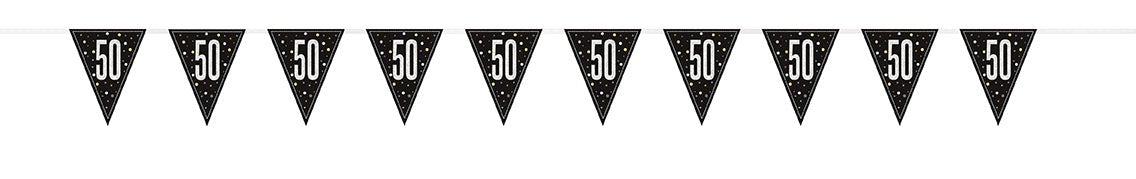 Black prismatic triangle pennant banner with "50" printed on each flag, measuring approximately 9 feet long with ten connected triangular flags.