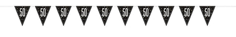 Black prismatic triangle pennant banner with "50" printed on each flag, measuring approximately 9 feet long with ten connected triangular flags.