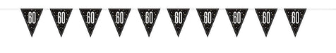 String of ten black triangular pennant flags with white "60" numerals and silver sparkle details, arranged in a horizontal banner format.
