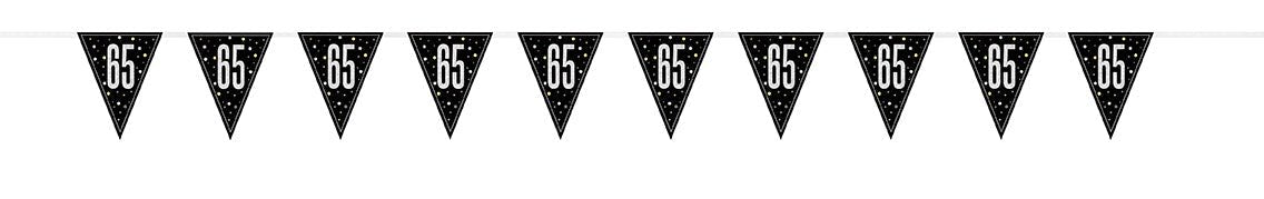 String of ten black triangular pennant flags with white "65" printed on each, connected by a single strand for hanging.