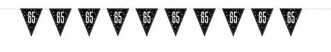 String of ten black triangular pennant flags with white "65" printed on each, connected by a single strand for hanging.