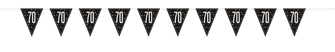 Ten black triangular pennant flags with "70" printed in white and silver stars arranged in a horizontal bunting banner.