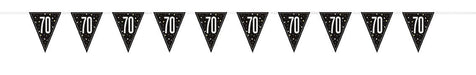 Ten black triangular pennant flags with "70" printed in white and silver stars arranged in a horizontal bunting banner.