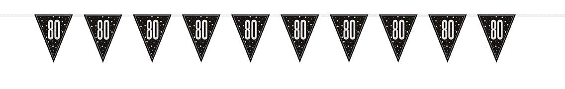 Black triangular pennant flags with white "80" text and star pattern strung together on a line for a 9-foot birthday banner decoration.