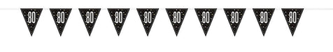 Black triangular pennant flags with white "80" text and star pattern strung together on a line for a 9-foot birthday banner decoration.
