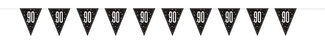 Black prismatic triangle pennant banner with white "90" numerals and silver star accents, measuring approximately 9 feet in length.