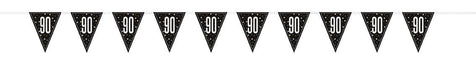 Black prismatic triangle pennant banner with white "90" numerals and silver star accents, measuring approximately 9 feet in length.