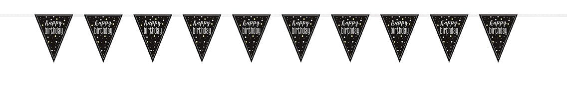 Black triangular pennant flags with white "Happy Birthday" text and silver dots strung together in a 9-foot banner garland.