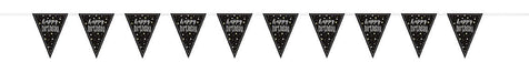 Black triangular pennant flags with white "Happy Birthday" text and silver dots strung together in a 9-foot banner garland.