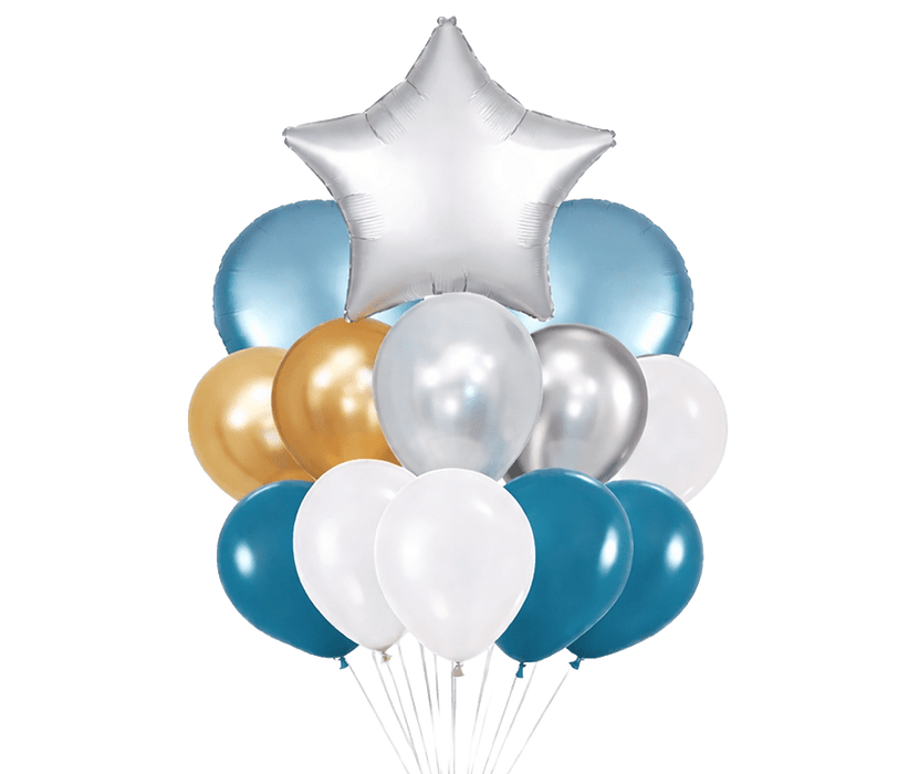 Platinum Star Silver Blue balloon bouquet with silver star balloon and coordinating blue, silver, white, gold, and pearl balloons.