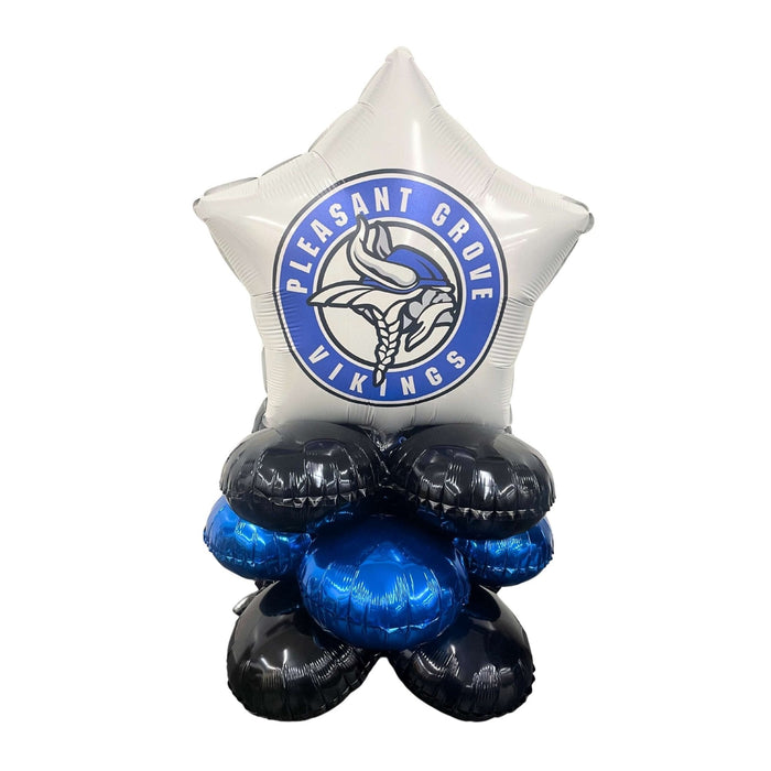 White star-shaped foil balloon atop a cluster of black and blue round foil balloons featuring the Pleasant Grove Vikings school logo and mascot.